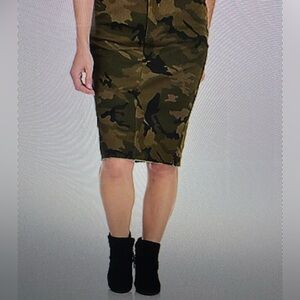 Indigo Thread Stretch Denim Camo Green Printed Back Slit Pencil Skirt…